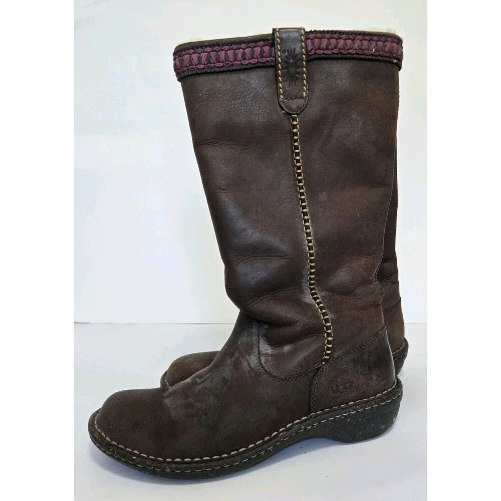 Ugg Boots Womens 8 Swell Tall Brown Leather Shearling Lined Winter Outdoor